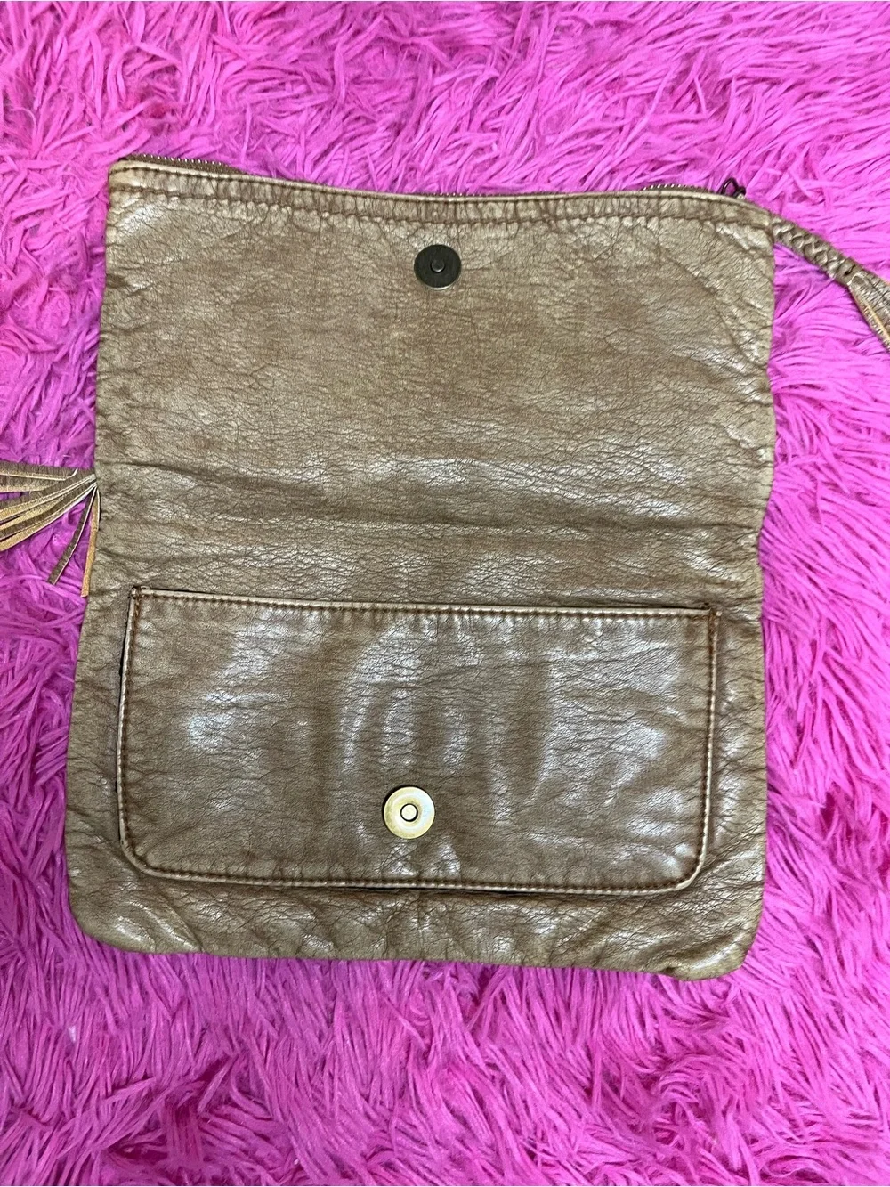 Converse Metallic Tan Fold-Over Clutch with Braided Tassels